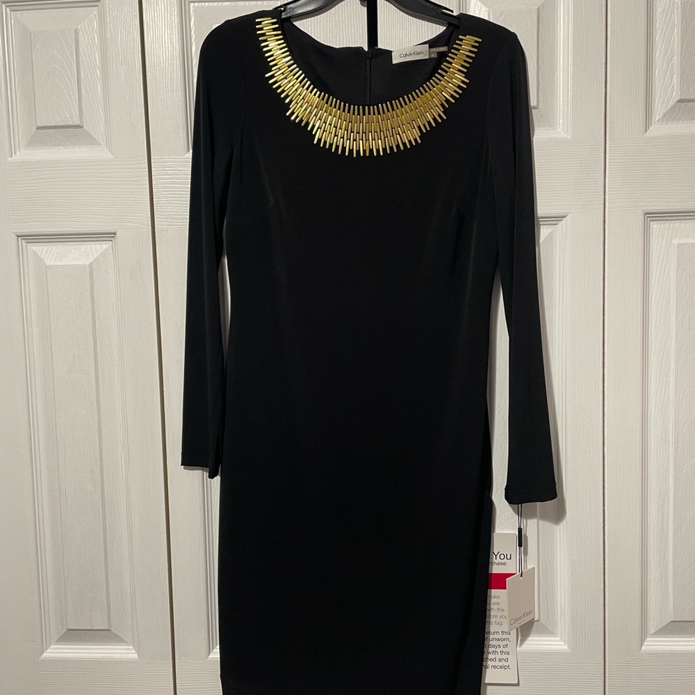 Calvin Klein Elegant Black Dress with Gold Accents